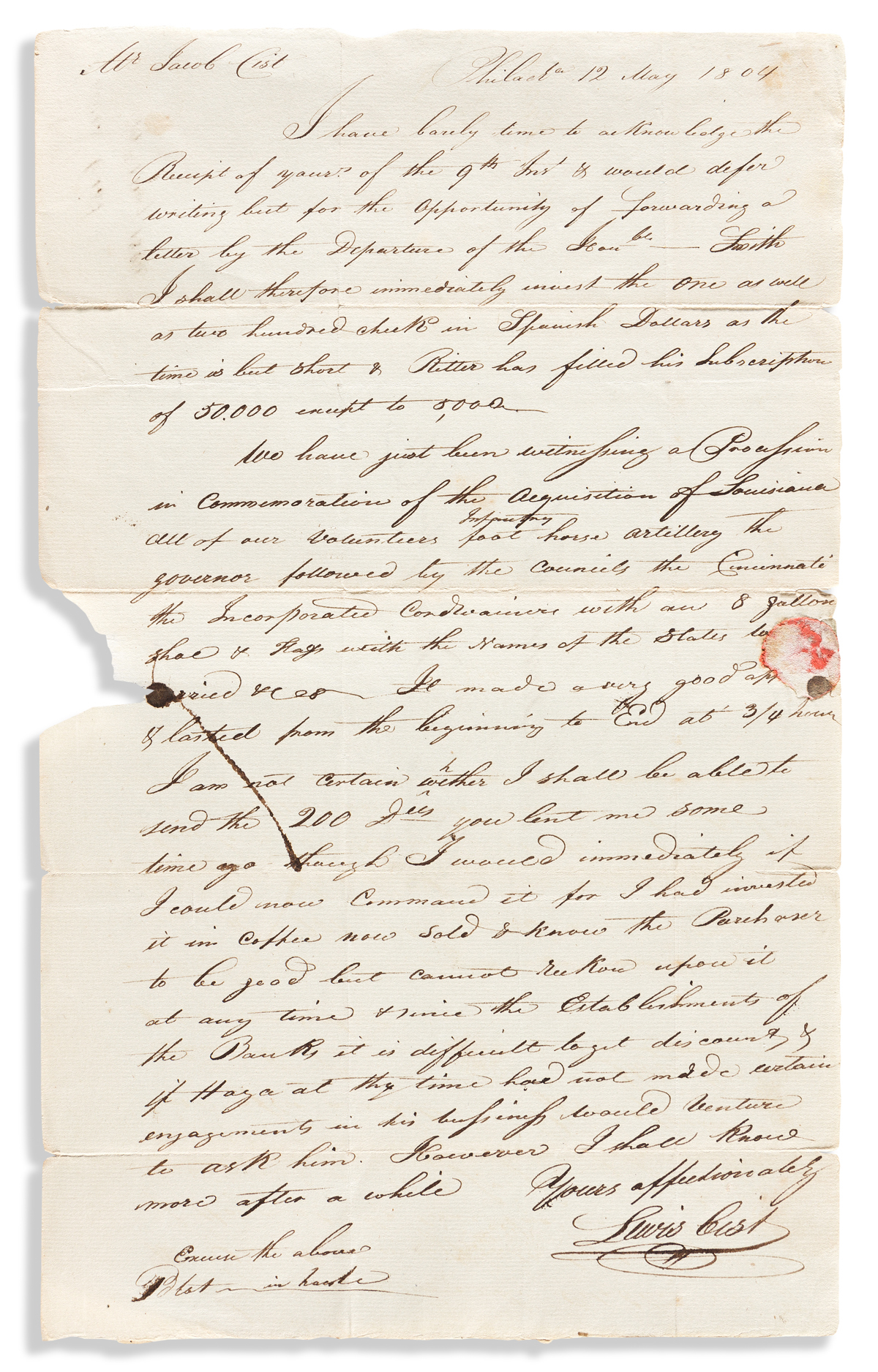 (LOUISIANA PURCHASE.) Lewis Cist. Letter describing a procession in honor of the Louisiana Purchase.